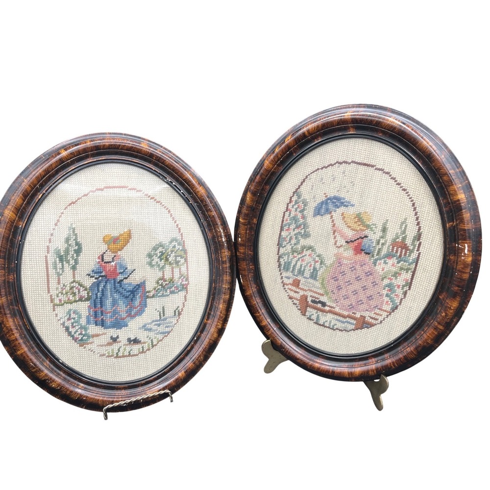 Vintage Pair Oval Framed Embroidery Needlepoint Pictures Southern‎ Belle READ